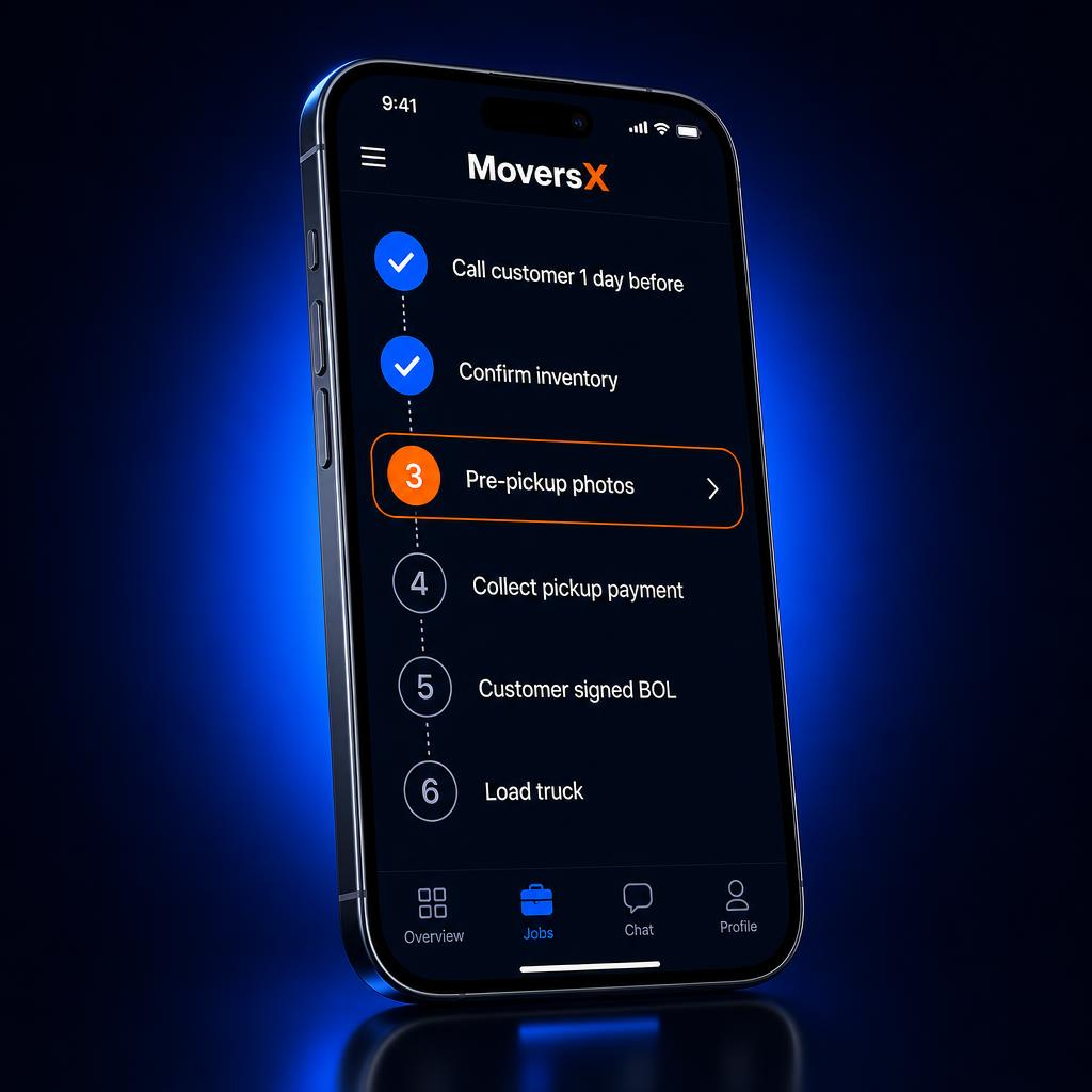 MoversX app showing step-by-step pickup workflow